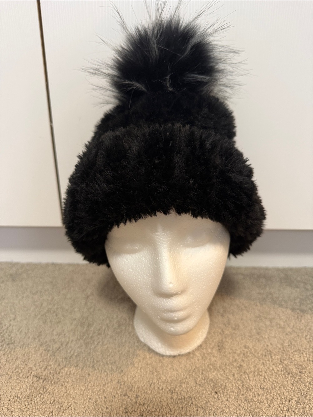 Cozy Black Faux Fur Pom Beanie Hat